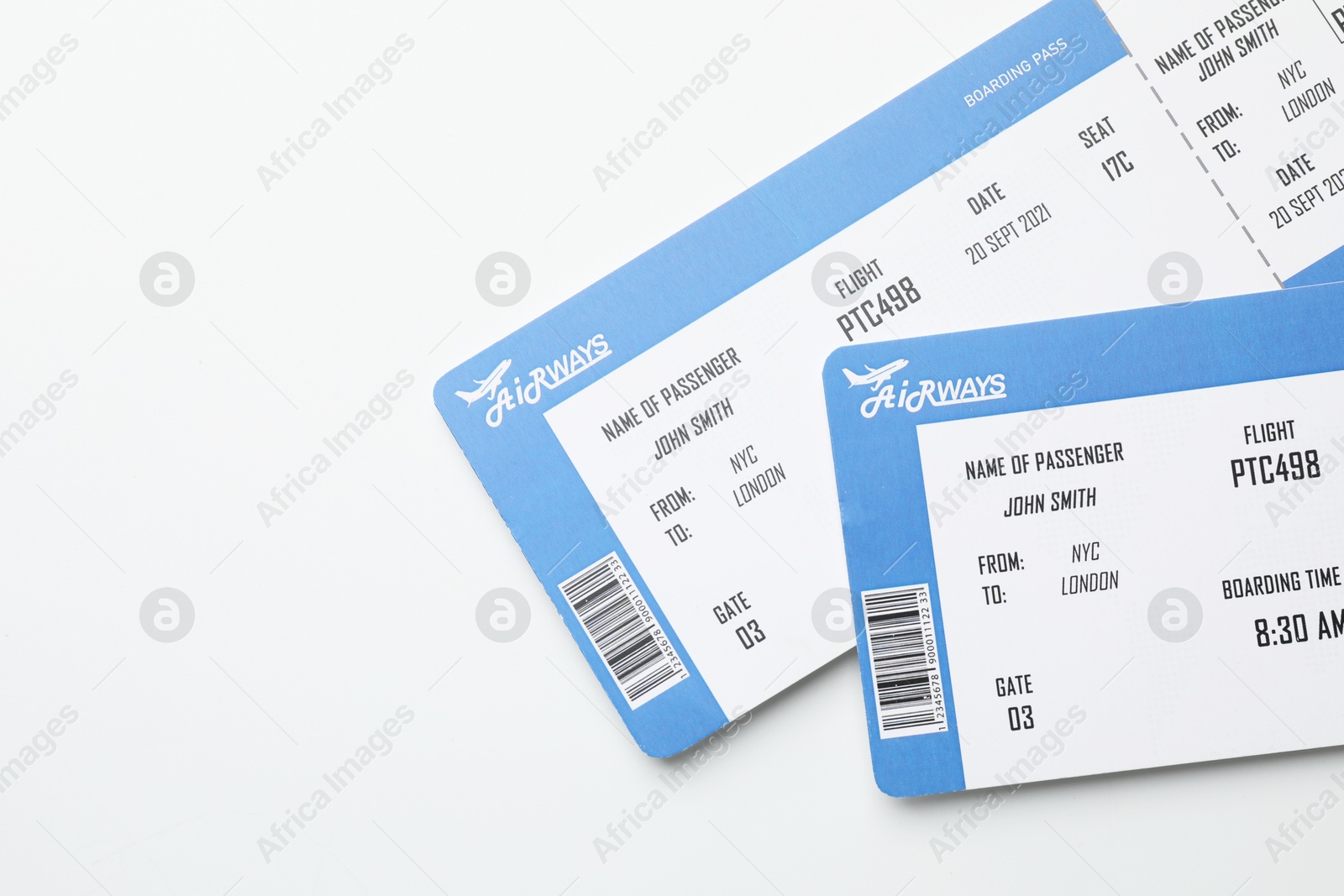 Photo of Travel agency. Flight tickets on light background, top view. Space for text