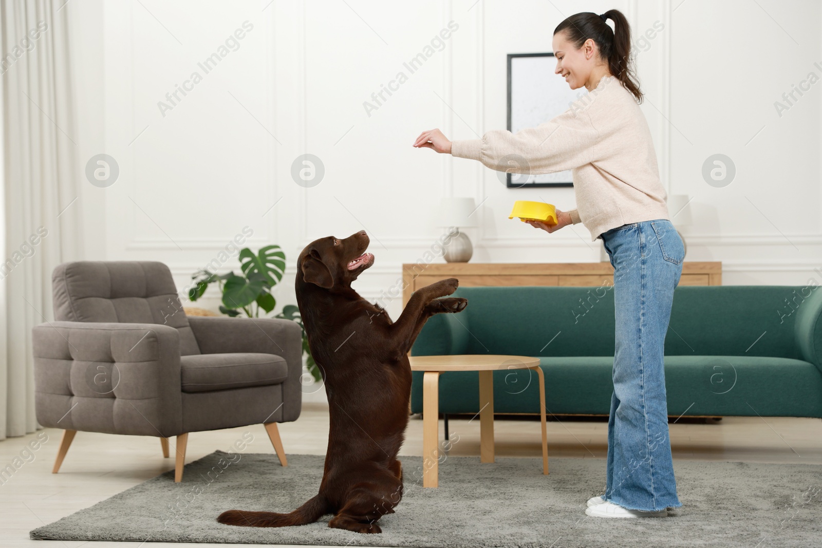 Photo of Woman with feeding bowl giving dry pet food to her dog indoors