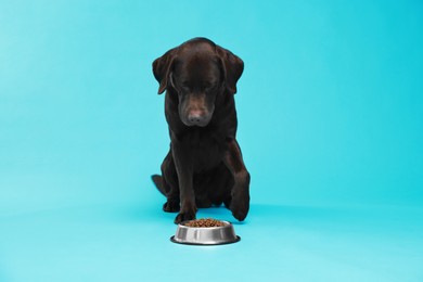 Photo of Cute dog near bowl of dry pet food on light blue background