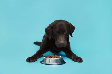 Photo of Cute dog lying near bowl of dry pet food on light blue background