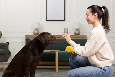 Photo of Woman with feeding bowl giving dry pet food to her dog indoors