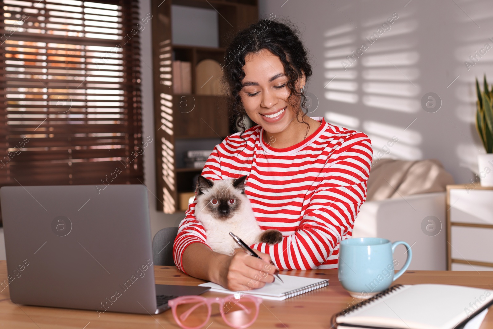 Photo of Beautiful woman with her cute cat working on laptop at desk in home office