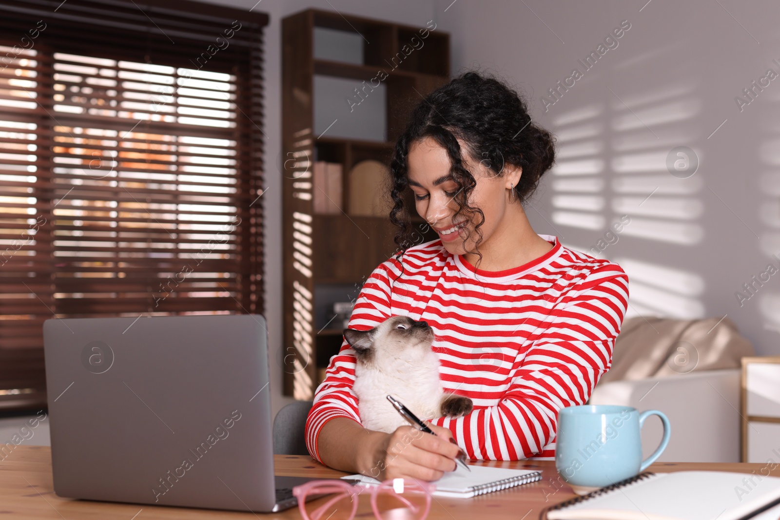 Photo of Beautiful woman with her cute cat working on laptop at desk in home office