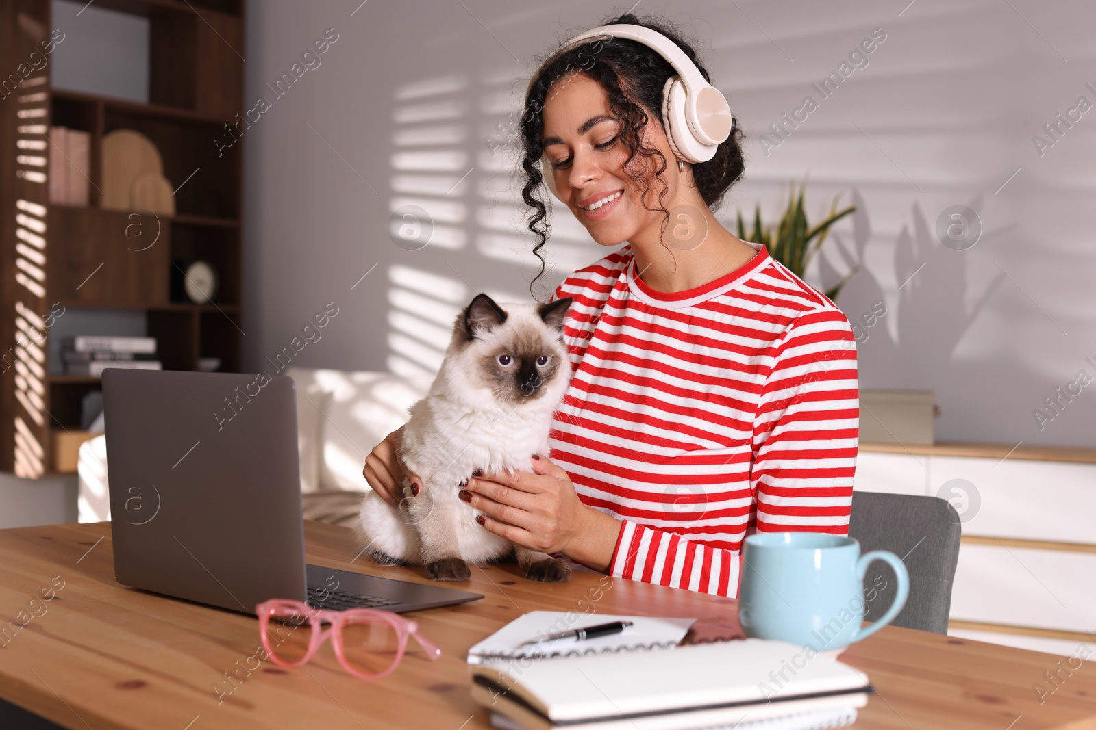 Photo of Beautiful woman with her cute cat working on laptop at desk in home office