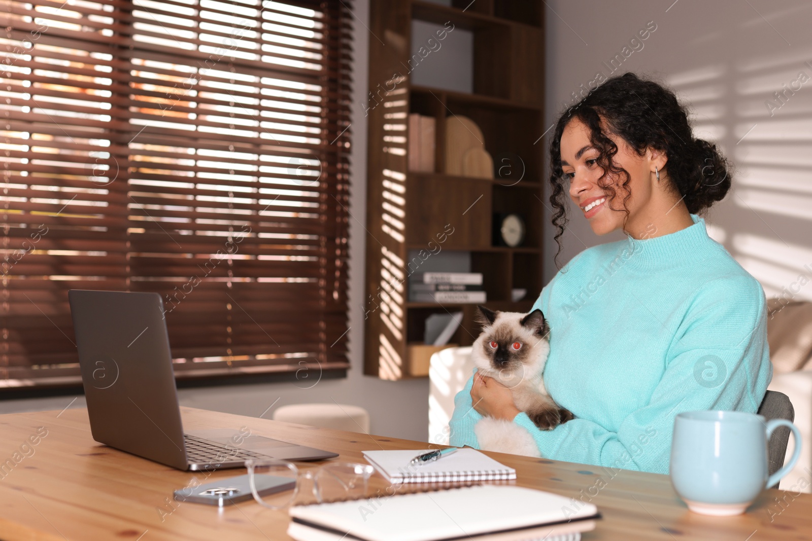 Photo of Beautiful woman with her cute cat working on laptop at desk in home office