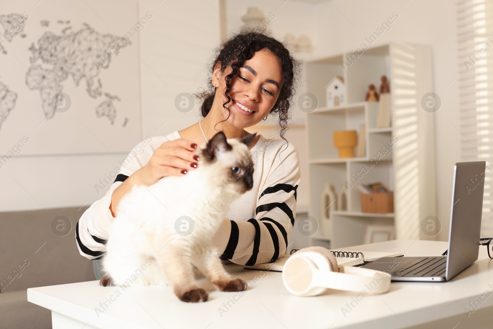 Photo of Beautiful woman with her cute cat working on laptop at desk in home office