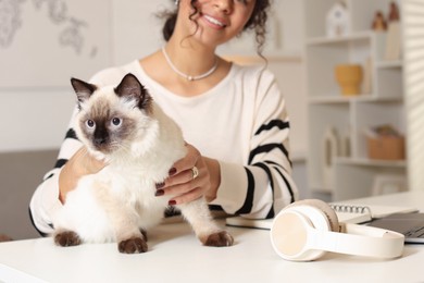 Photo of Woman with her cute cat working at desk in home office, closeup