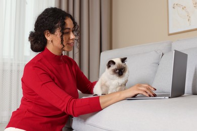 Beautiful woman with her cute cat working on laptop at home