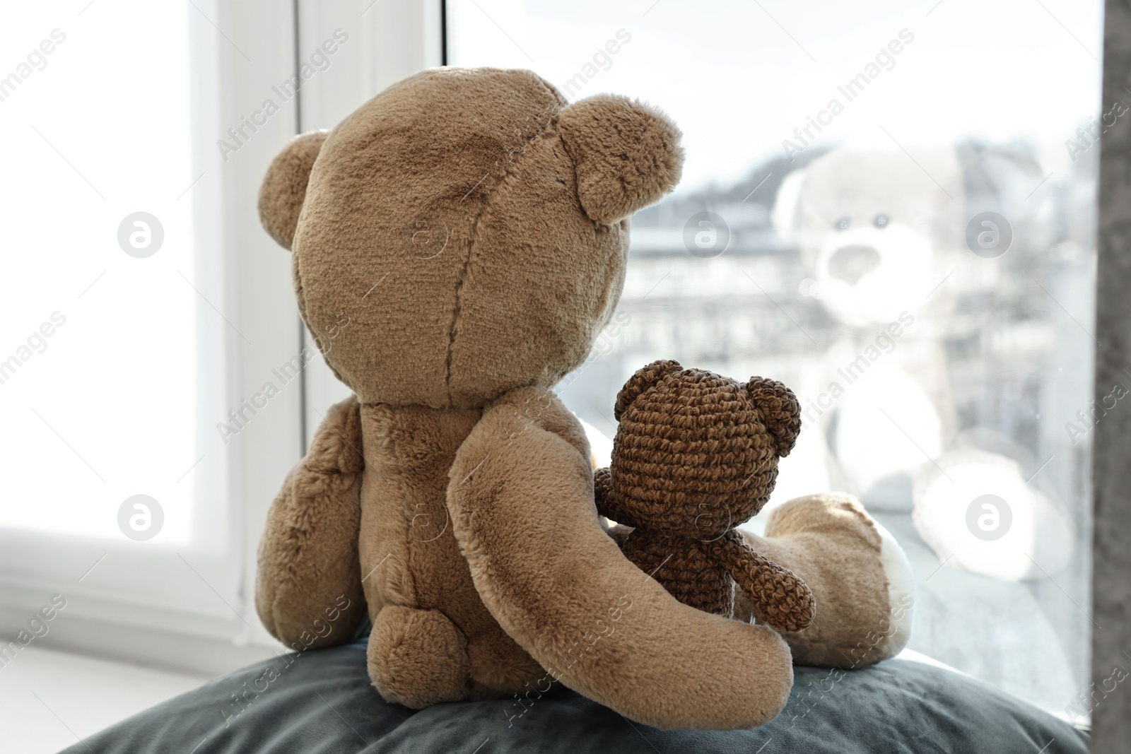 Photo of Two cute teddy bears near window indoors. back view