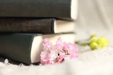 Photo of Stack of books and beautiful flowers on blanket, closeup