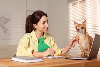 Photo of Young woman with her cute dog working on laptop at desk in home office