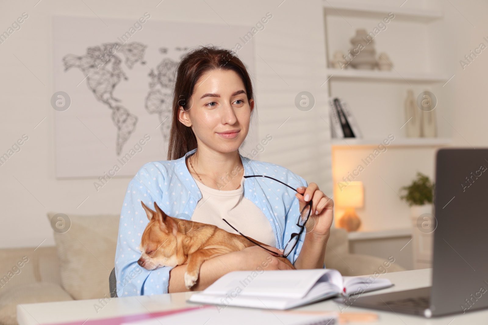 Photo of Young woman with her cute dog working on laptop at desk in home office