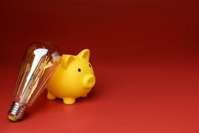 Photo of Piggy bank and light bulb on red background, space for text. Energy saving concept