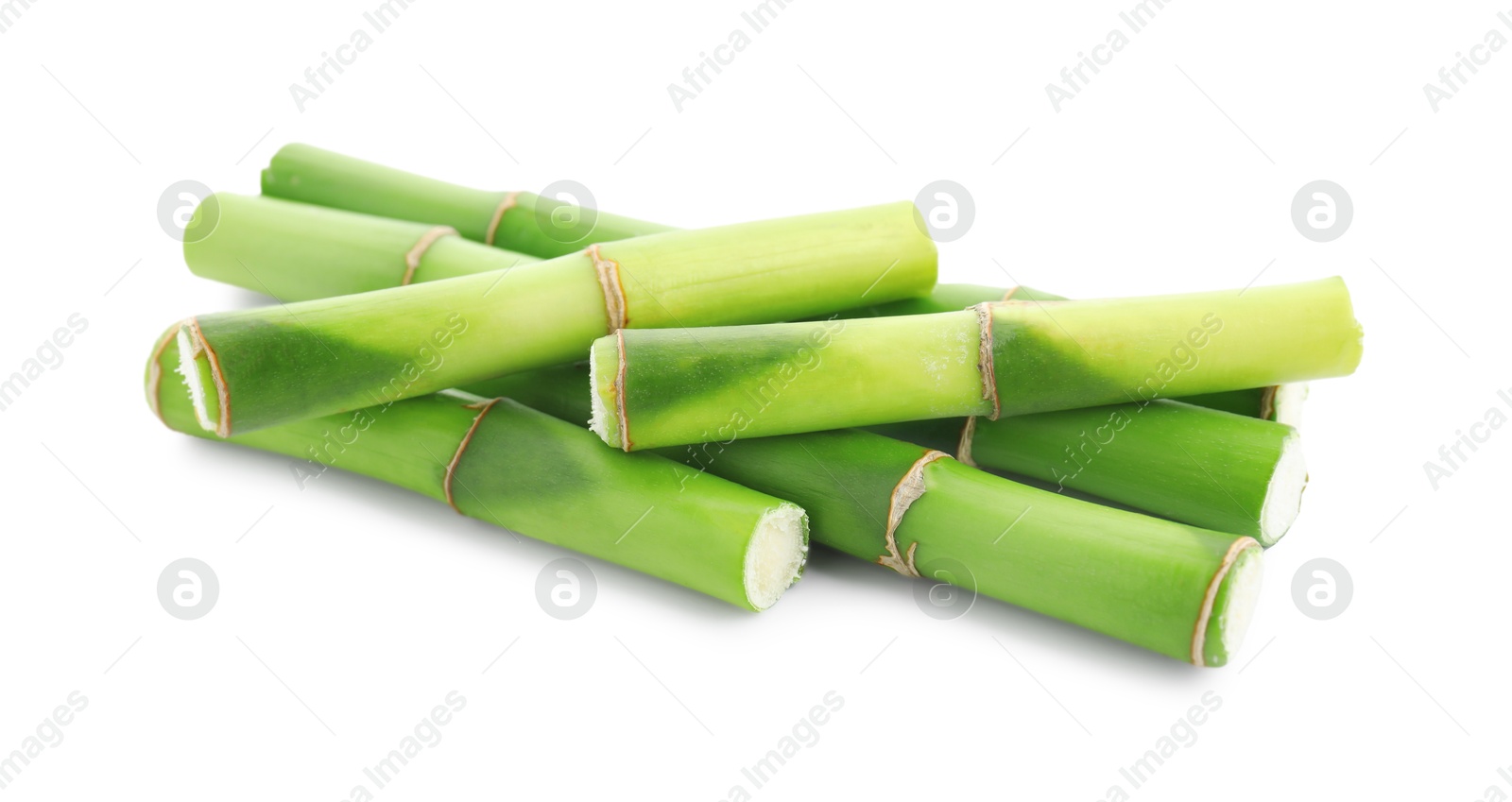 Photo of Cut green bamboo stems isolated on white