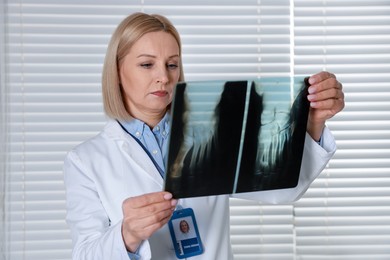 Photo of Doctor examining foot x-ray near window in clinic