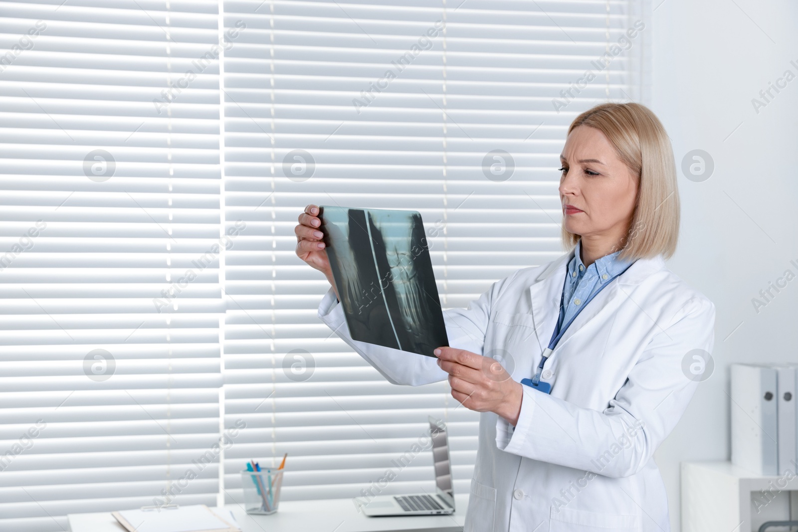 Photo of Doctor examining foot x-ray in clinic, space for text