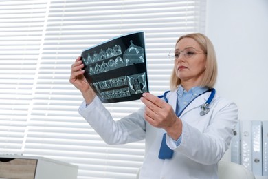 Photo of Doctor examining x-ray image of paranasal sinuses in clinic, space for text