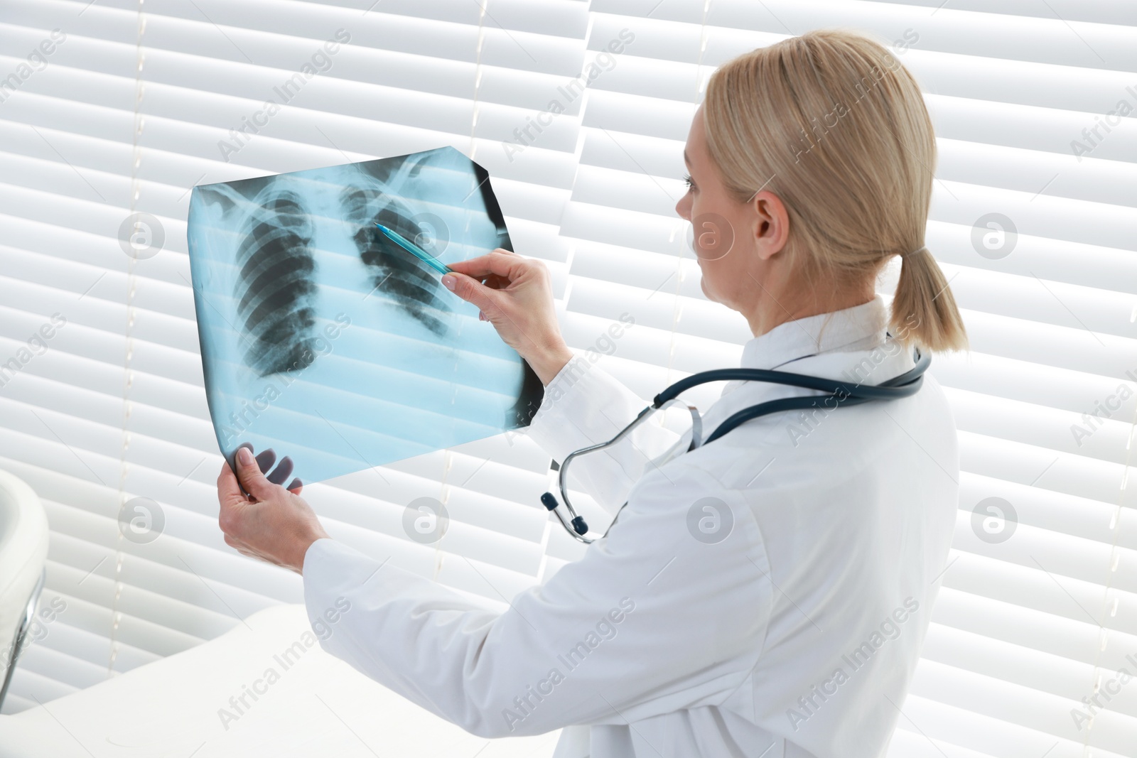 Photo of Doctor examining x-ray image of lungs in clinic