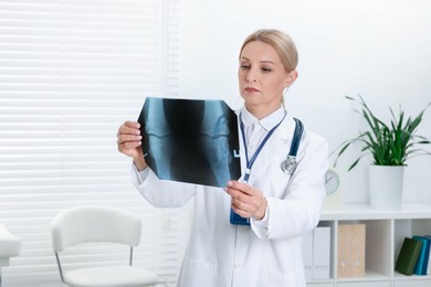 Photo of Doctor examining x-ray image of knee in clinic, space for text