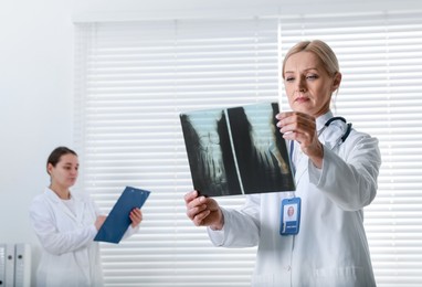 Photo of Doctor examining x-ray image of foot in clinic. Medical assistant with clipboard indoors