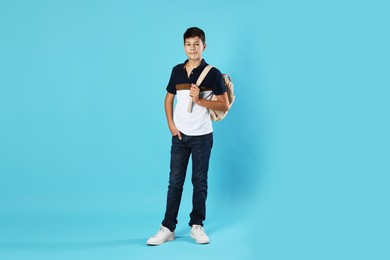 Photo of Full length portrait of teenage boy with backpack on light blue background