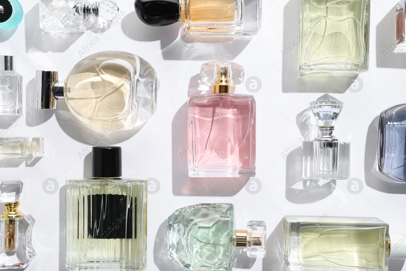 Different aromatic perfumes in bottles on white background, flat lay Photo of Different aromatic perfumes in bottles on white background, flat lay