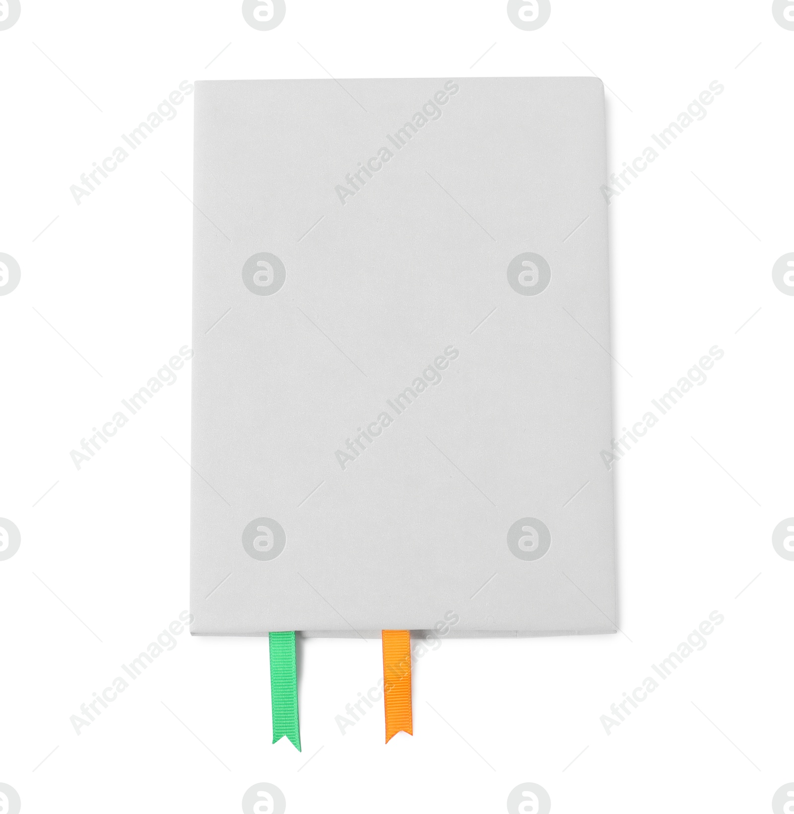 Photo of Book with ribbon bookmarks isolated on white, top view