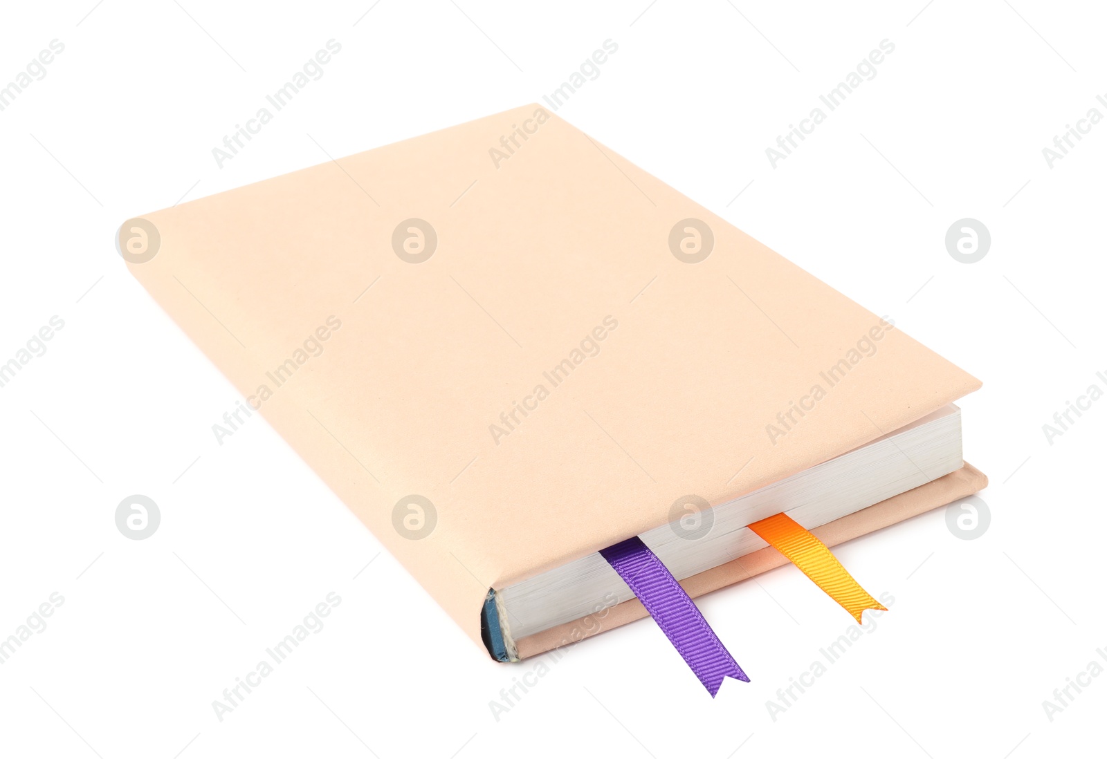 Photo of Book with ribbon bookmarks isolated on white