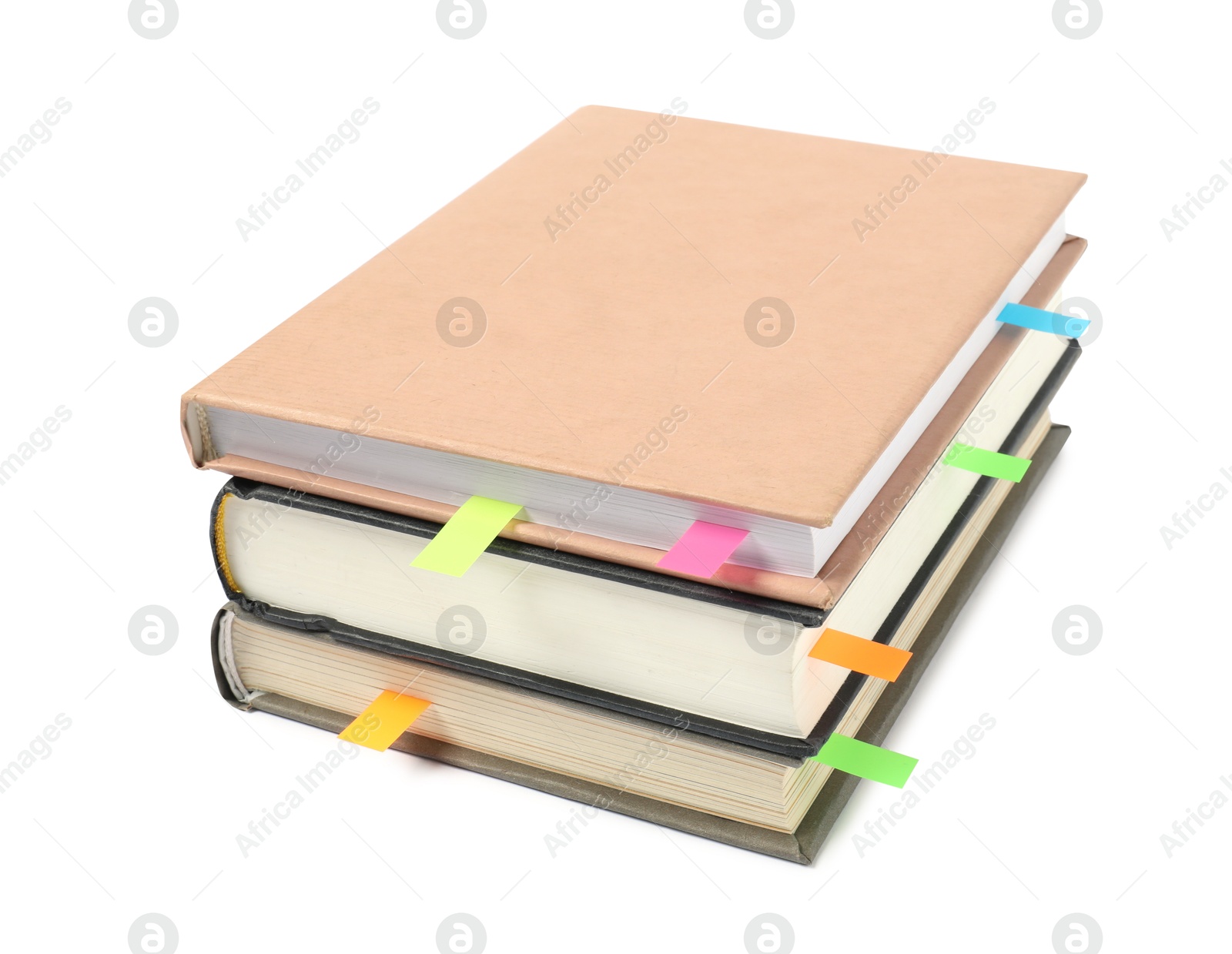 Photo of Books with colorful tabs isolated on white