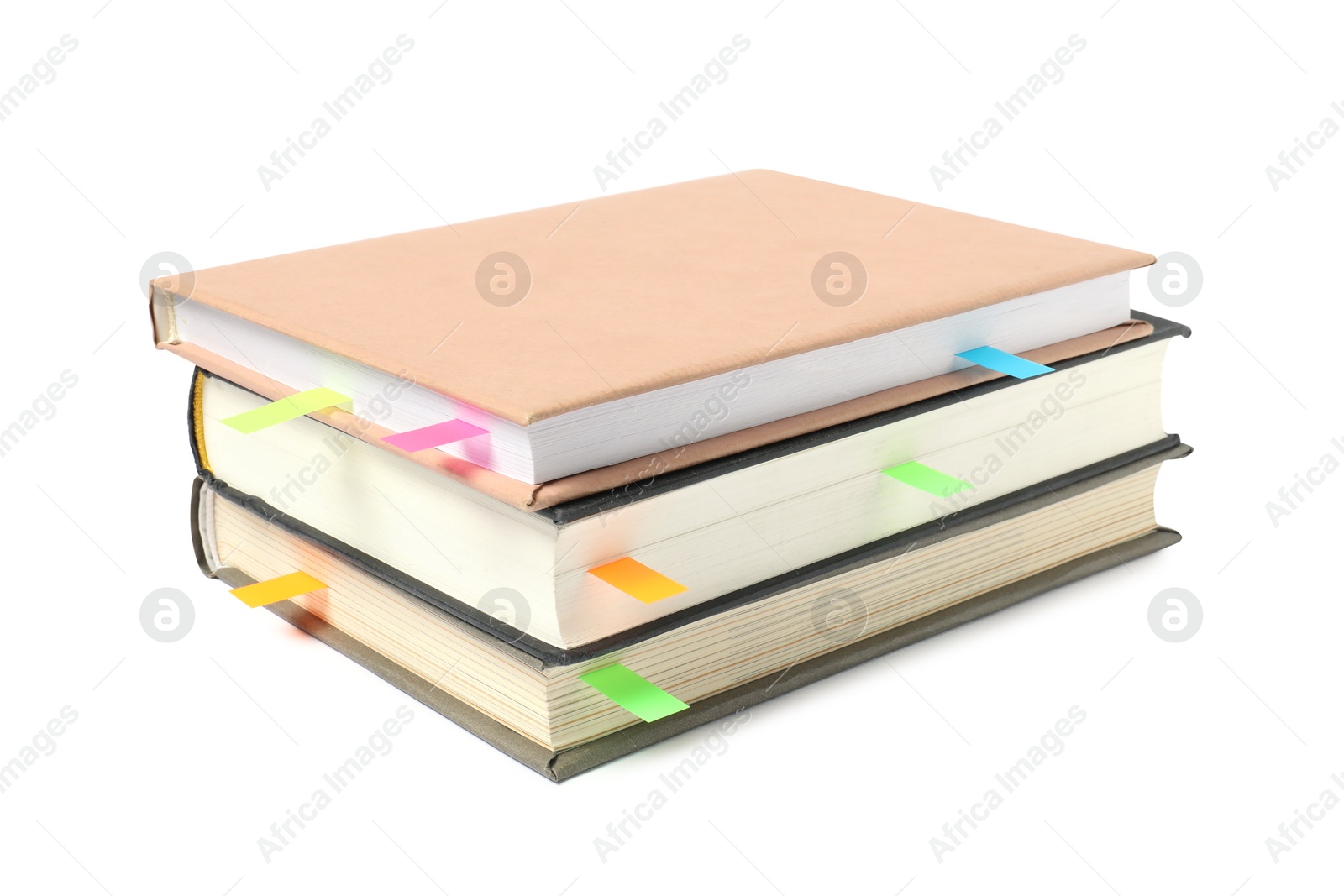 Photo of Books with colorful tabs isolated on white