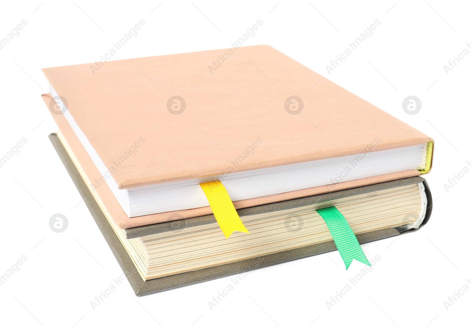 Photo of Books with ribbon bookmarks isolated on white