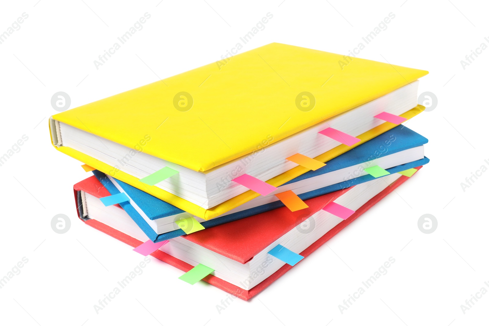 Photo of Books with colorful tabs isolated on white