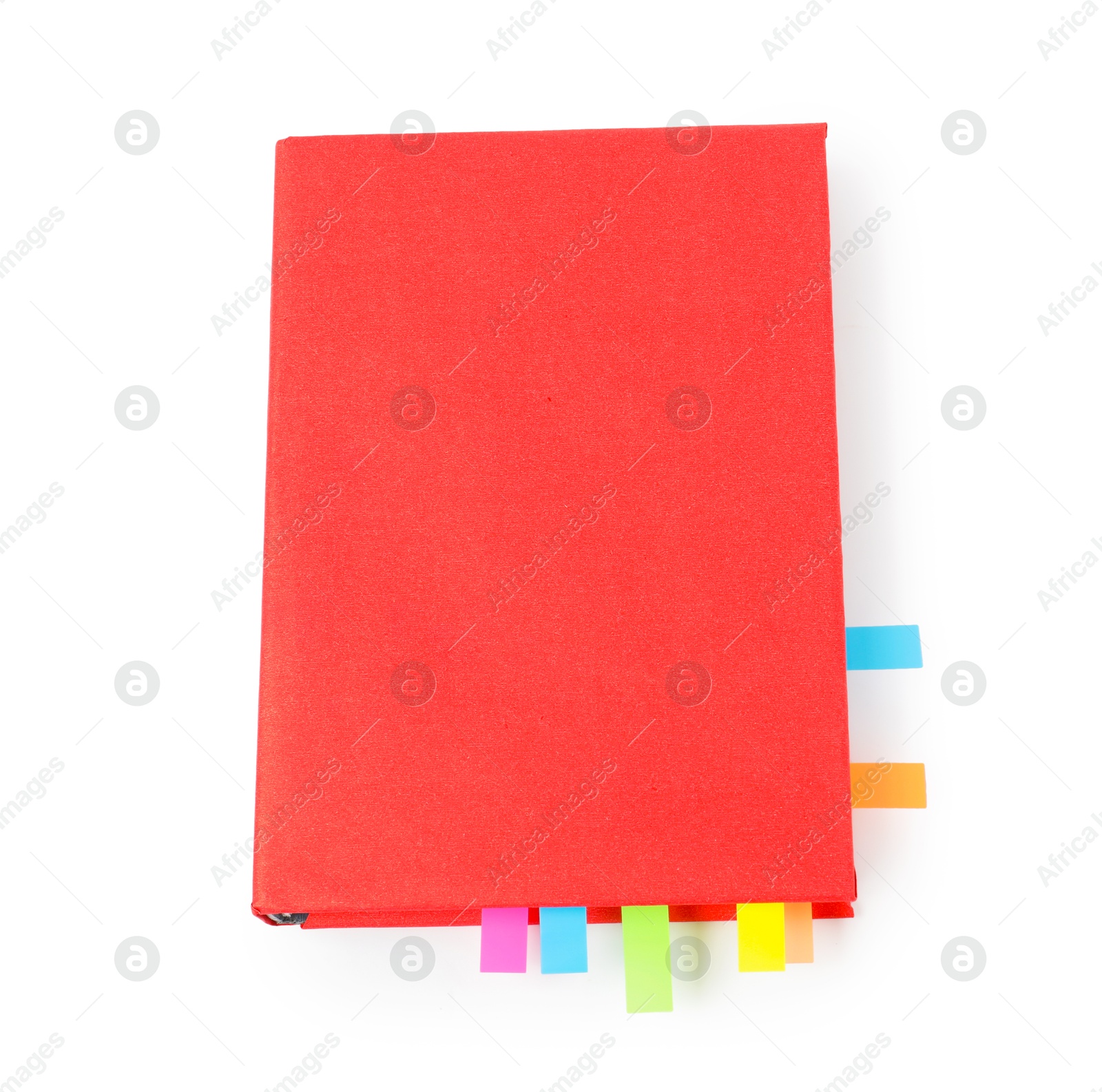 Photo of Book with colorful tabs isolated on white, top view