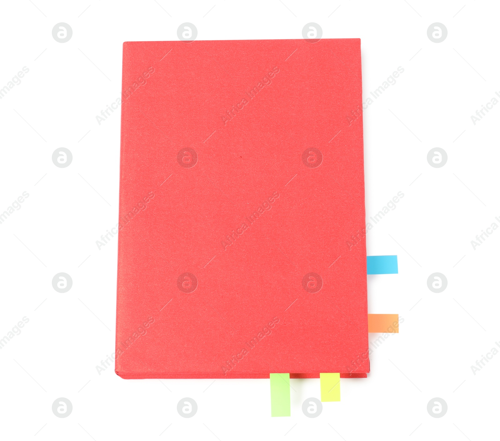 Photo of Book with colorful tabs isolated on white, top view