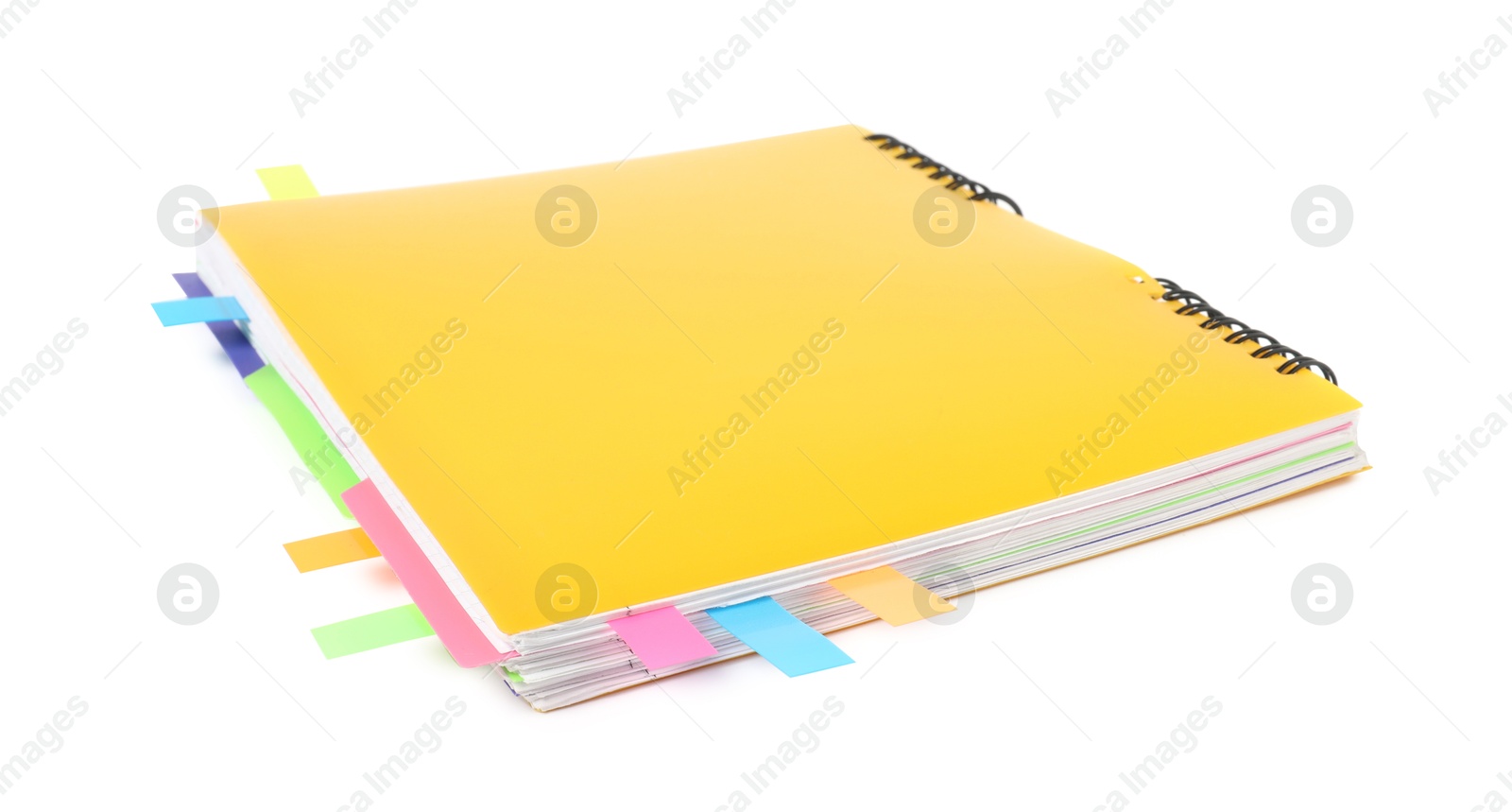 Photo of Notebook with colorful tabs isolated on white