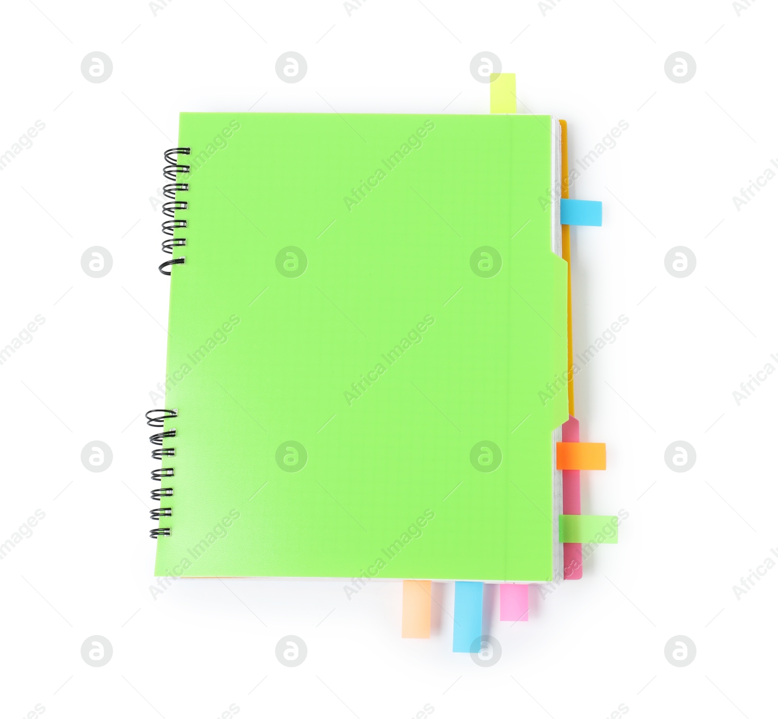 Photo of Notebook with colorful tabs isolated on white, top view