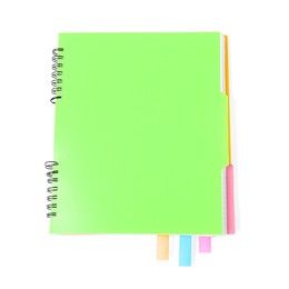 Photo of Notebook with colorful tabs isolated on white, top view