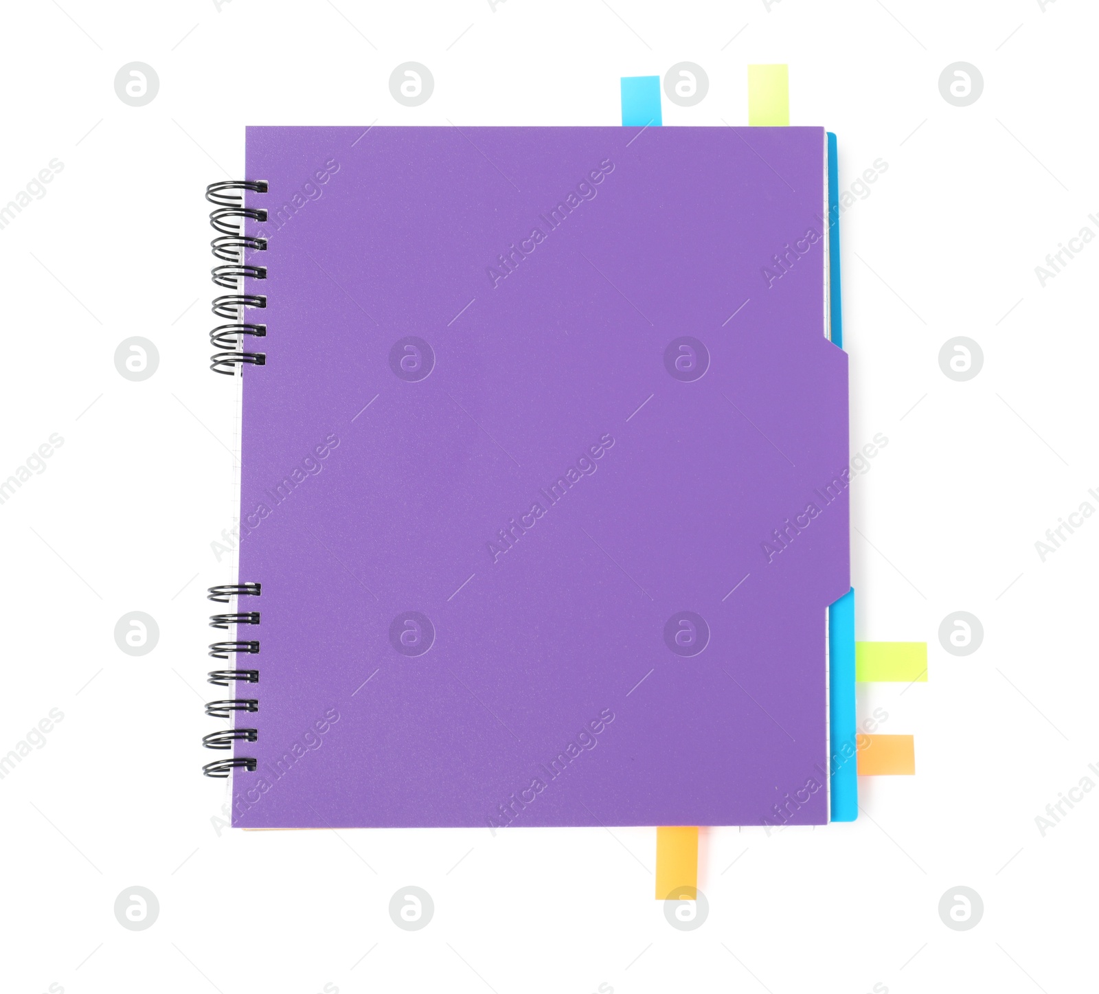 Photo of Notebook with colorful tabs isolated on white, top view