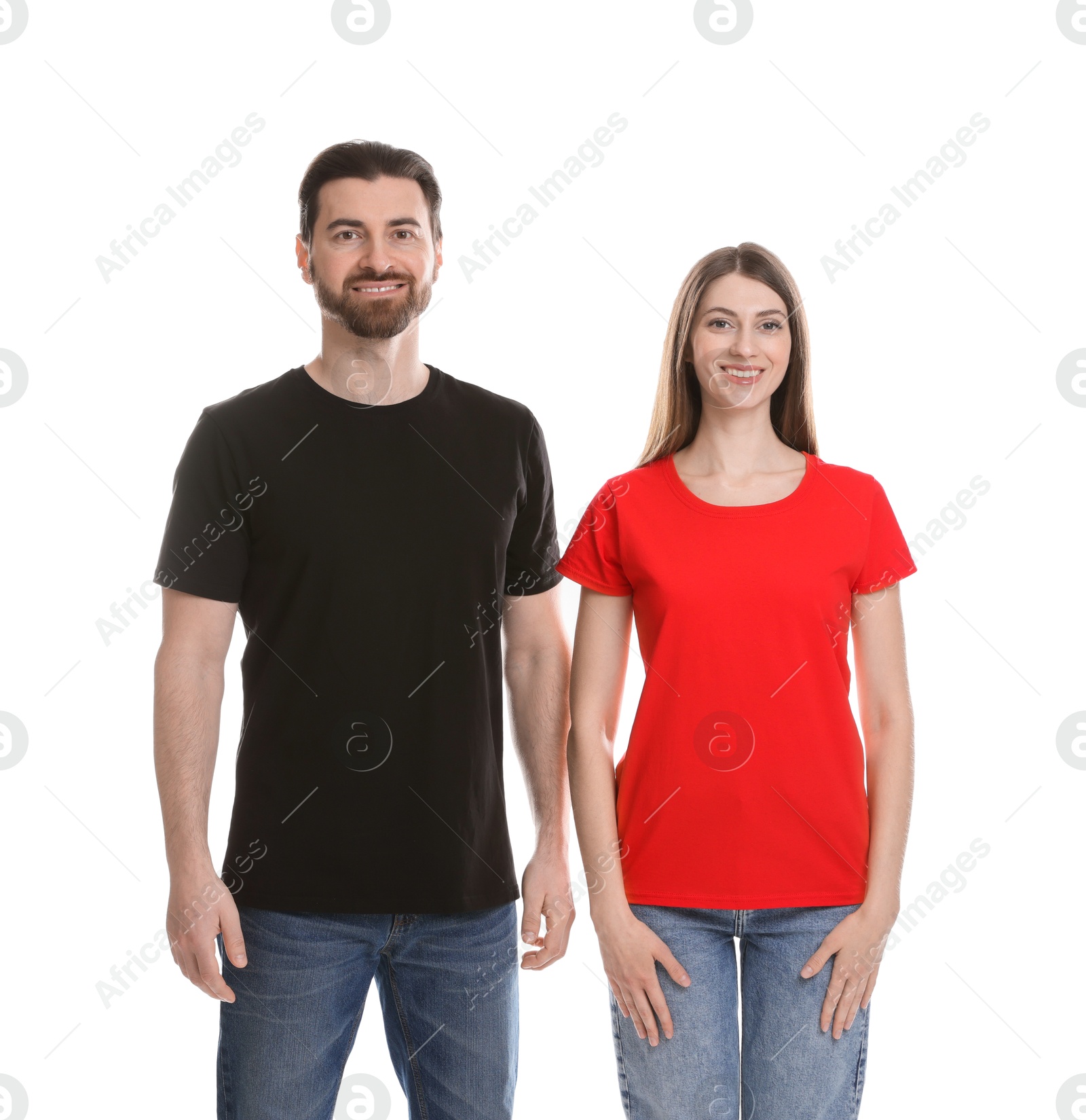 Photo of Woman and man wearing blank t-shirts on white background. Mockup for design