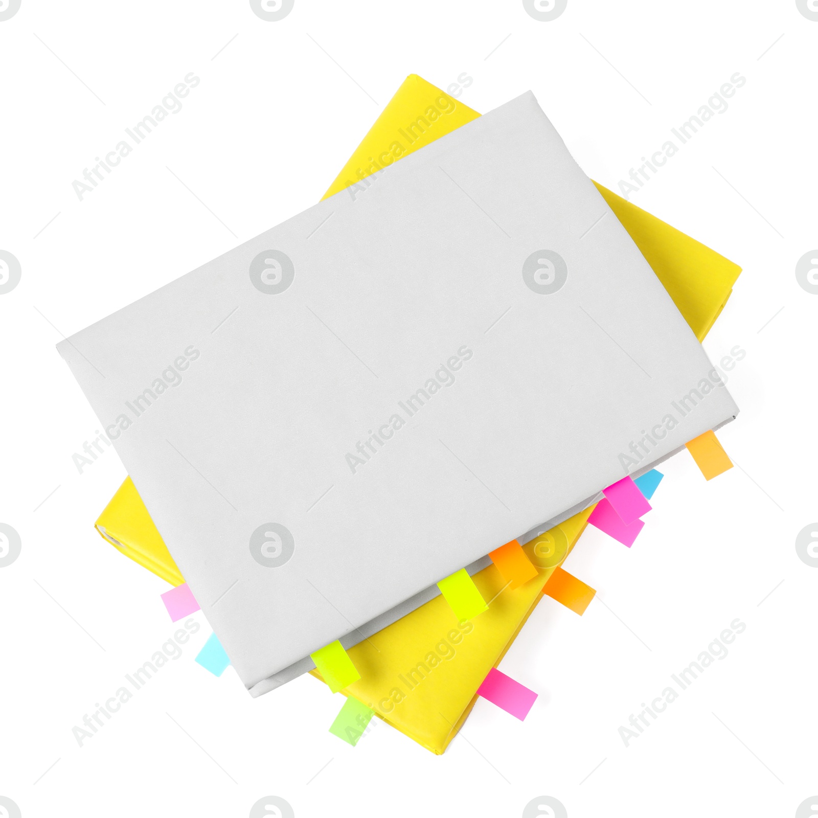 Photo of Books with colorful tabs isolated on white, top view