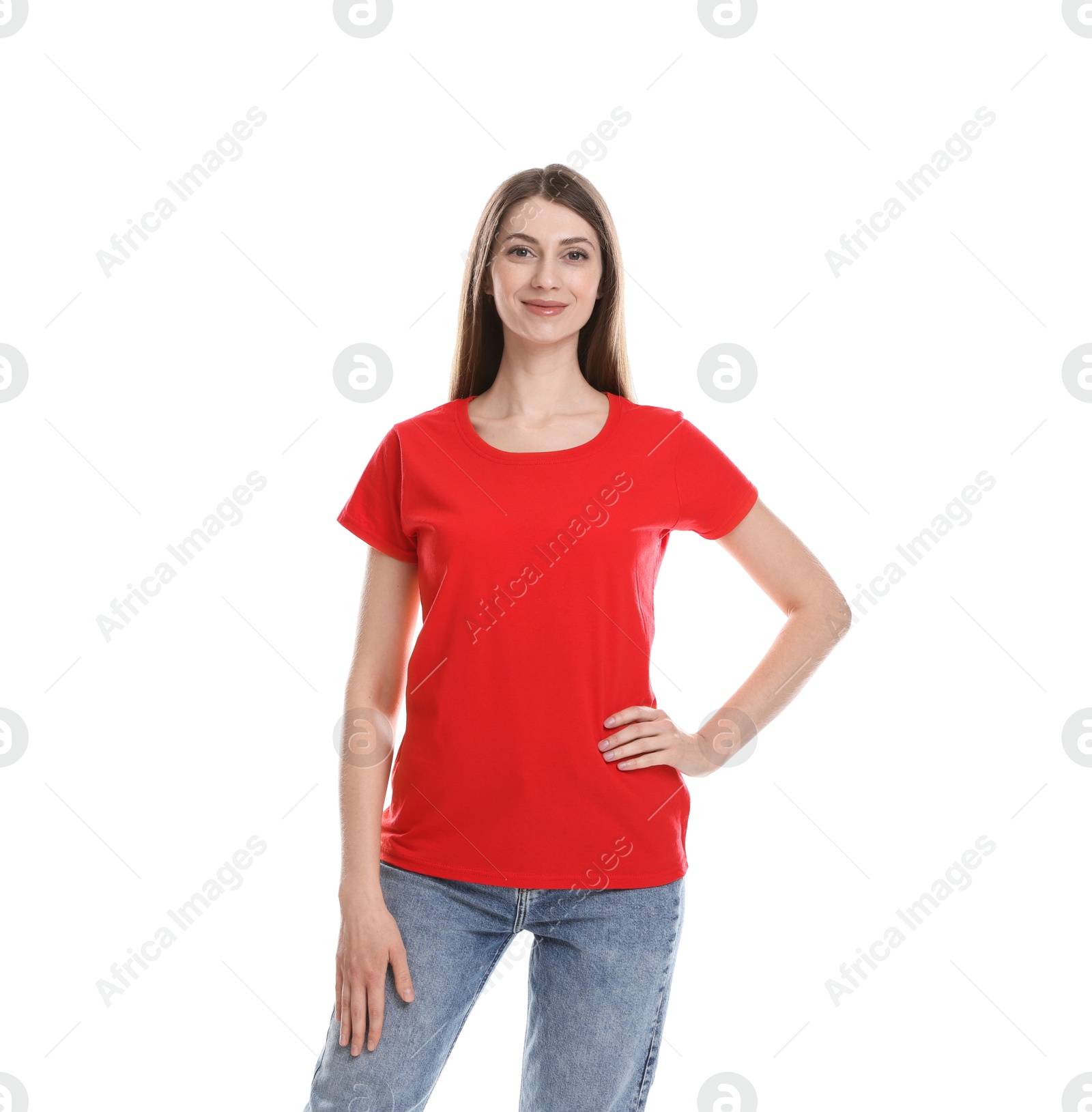 Photo of Woman wearing blank red t-shirt on white background. Mockup for design