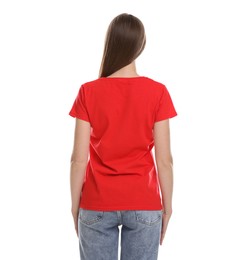 Photo of Woman wearing blank red t-shirt on white background, back view. Mockup for design