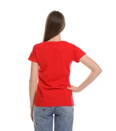 Photo of Woman wearing blank red t-shirt on white background, back view. Mockup for design