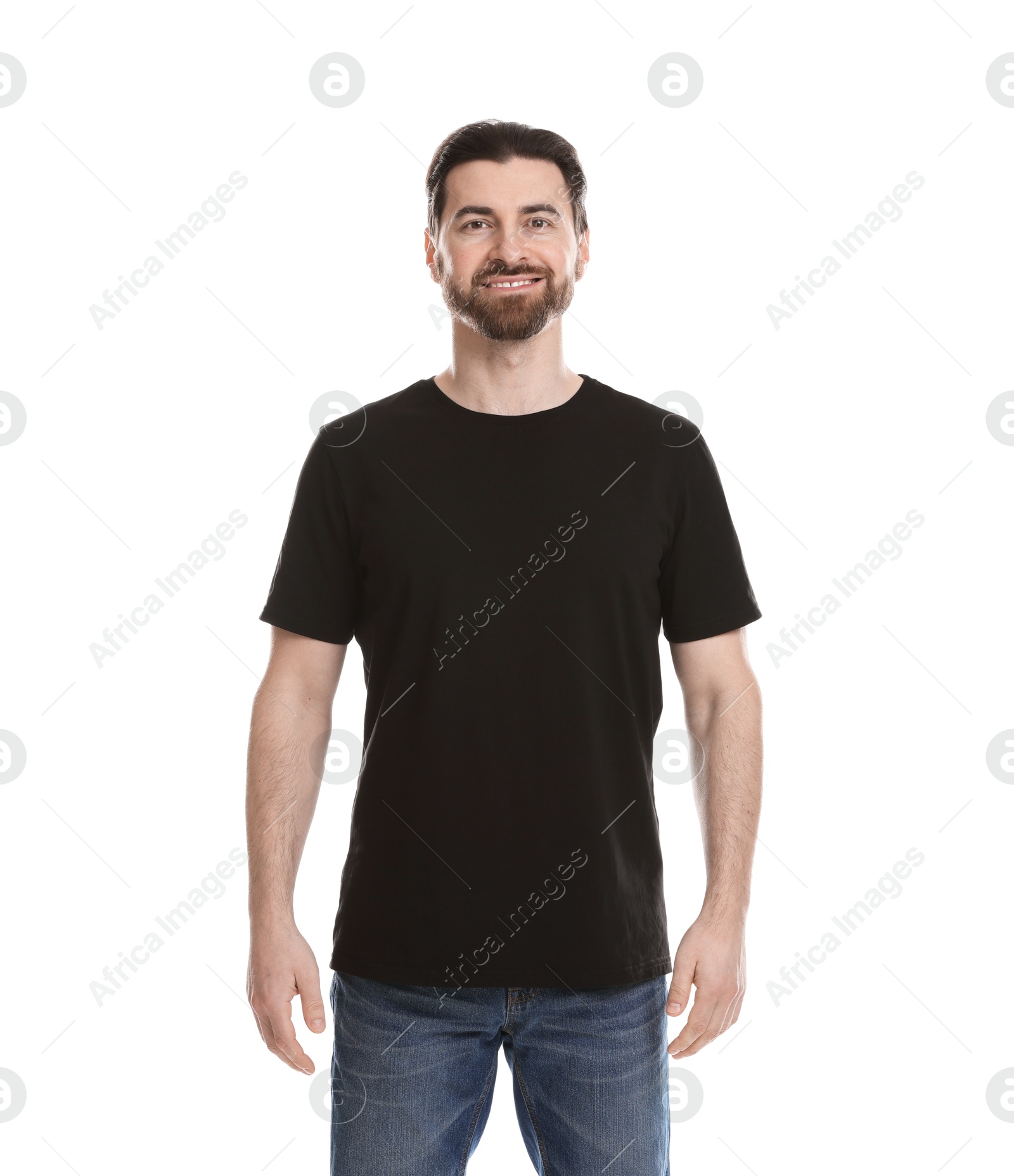 Photo of Man wearing blank black t-shirt on white background. Mockup for design