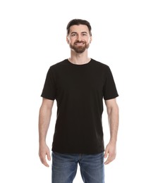 Photo of Man wearing blank black t-shirt on white background. Mockup for design