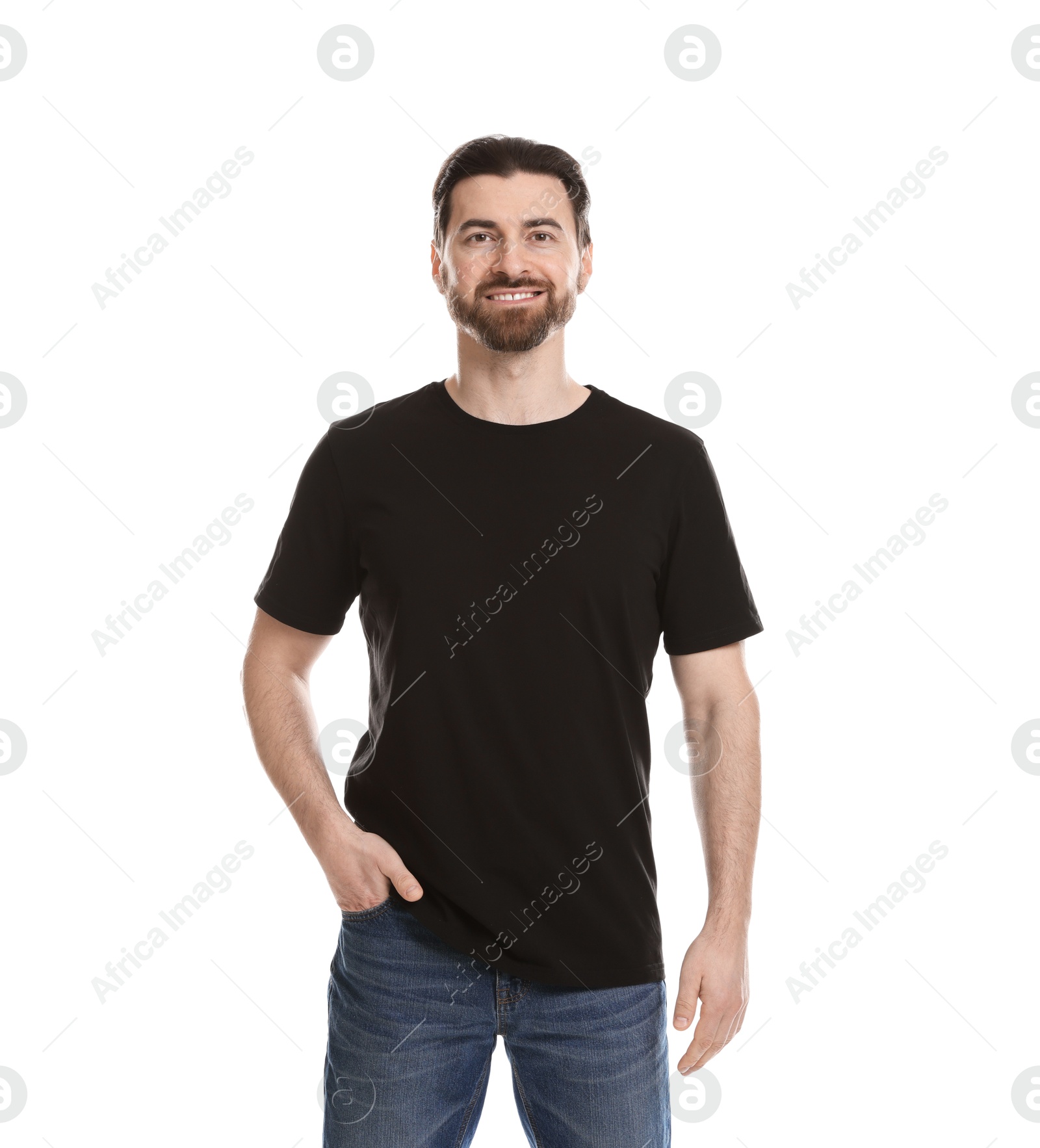 Photo of Man wearing blank black t-shirt on white background. Mockup for design