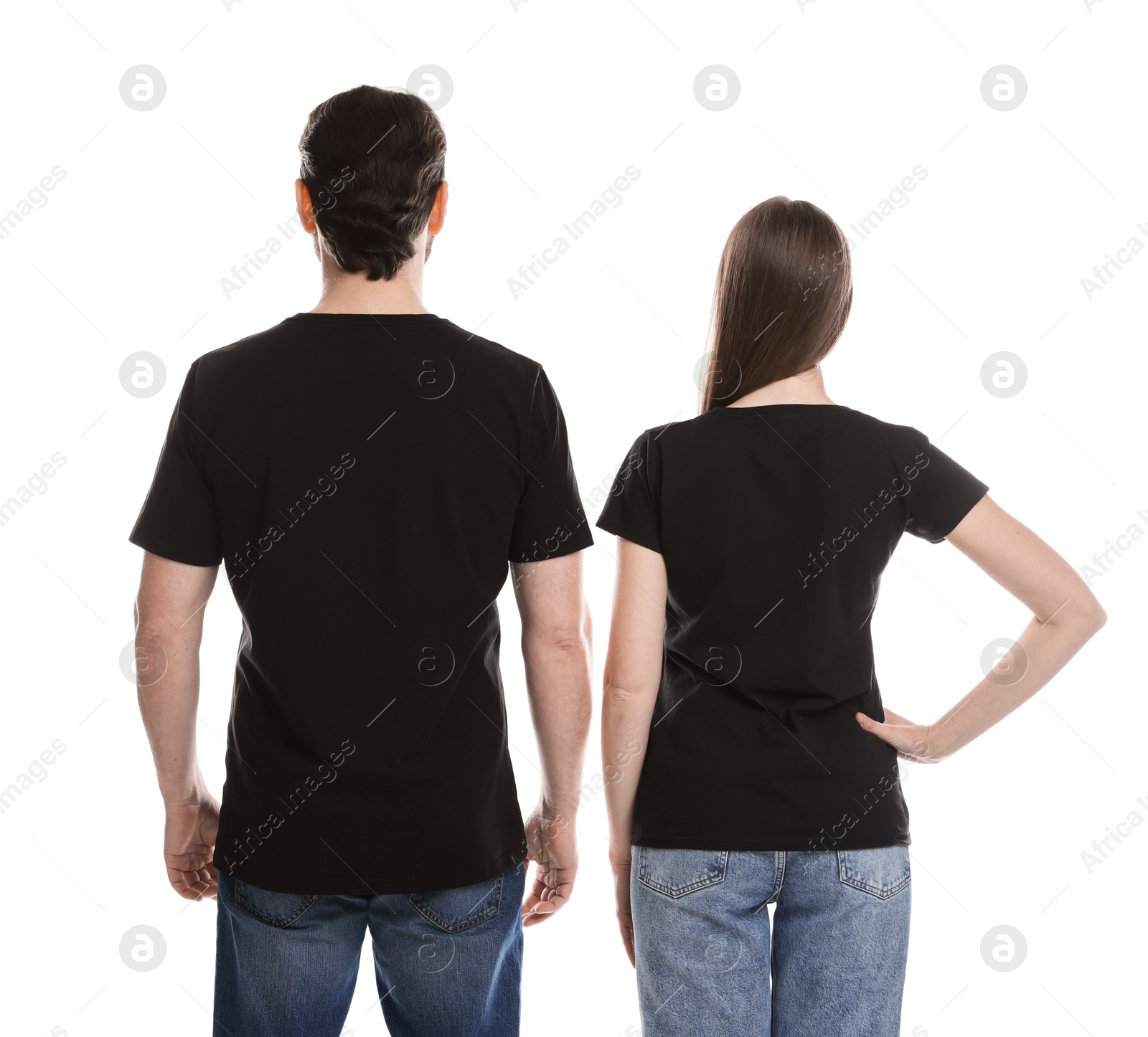 Photo of Woman and man wearing blank black t-shirts on white background, back view. Mockup for design