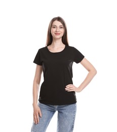 Photo of Woman wearing blank black t-shirt on white background. Mockup for design