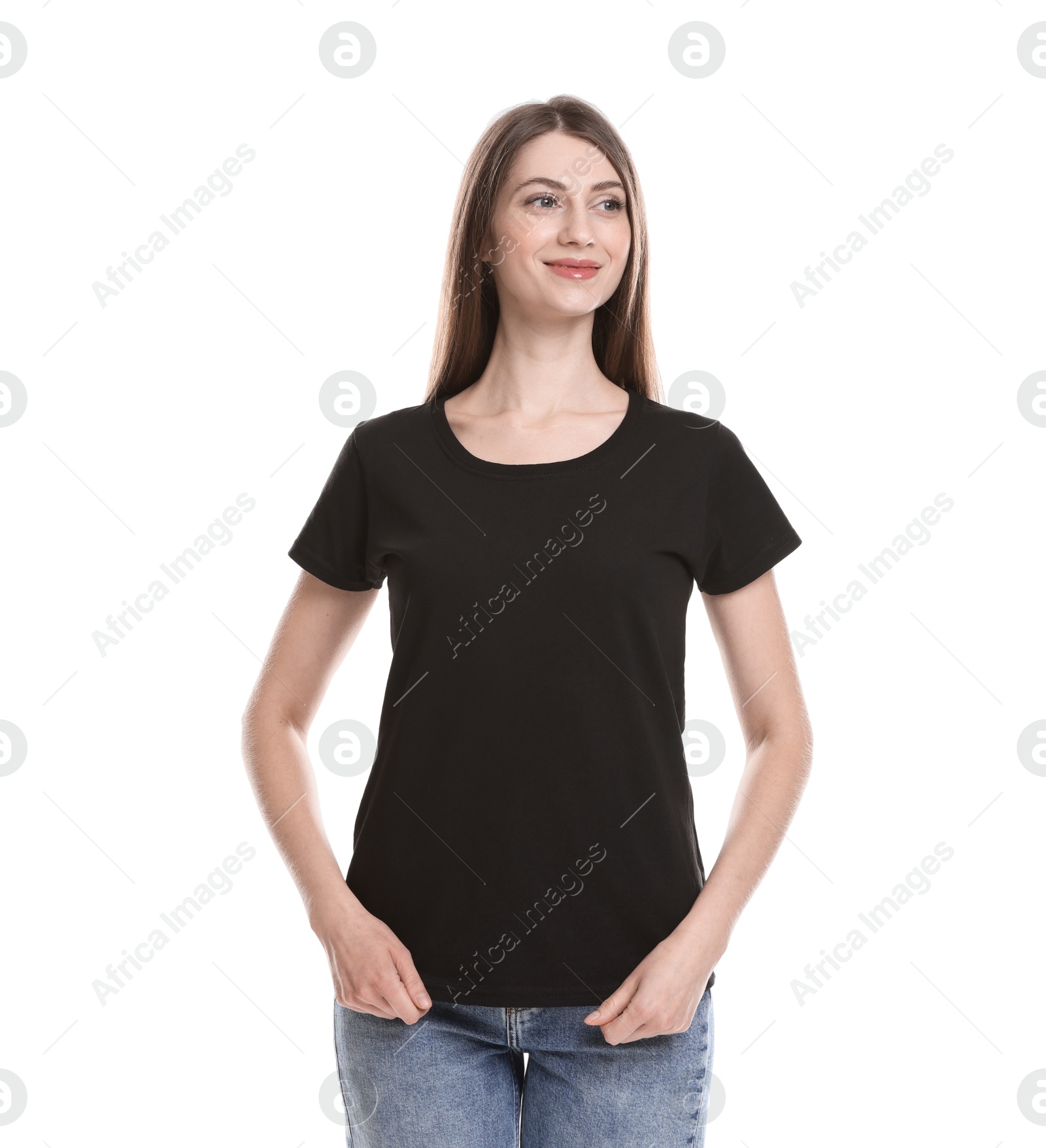 Photo of Woman wearing blank black t-shirt on white background. Mockup for design