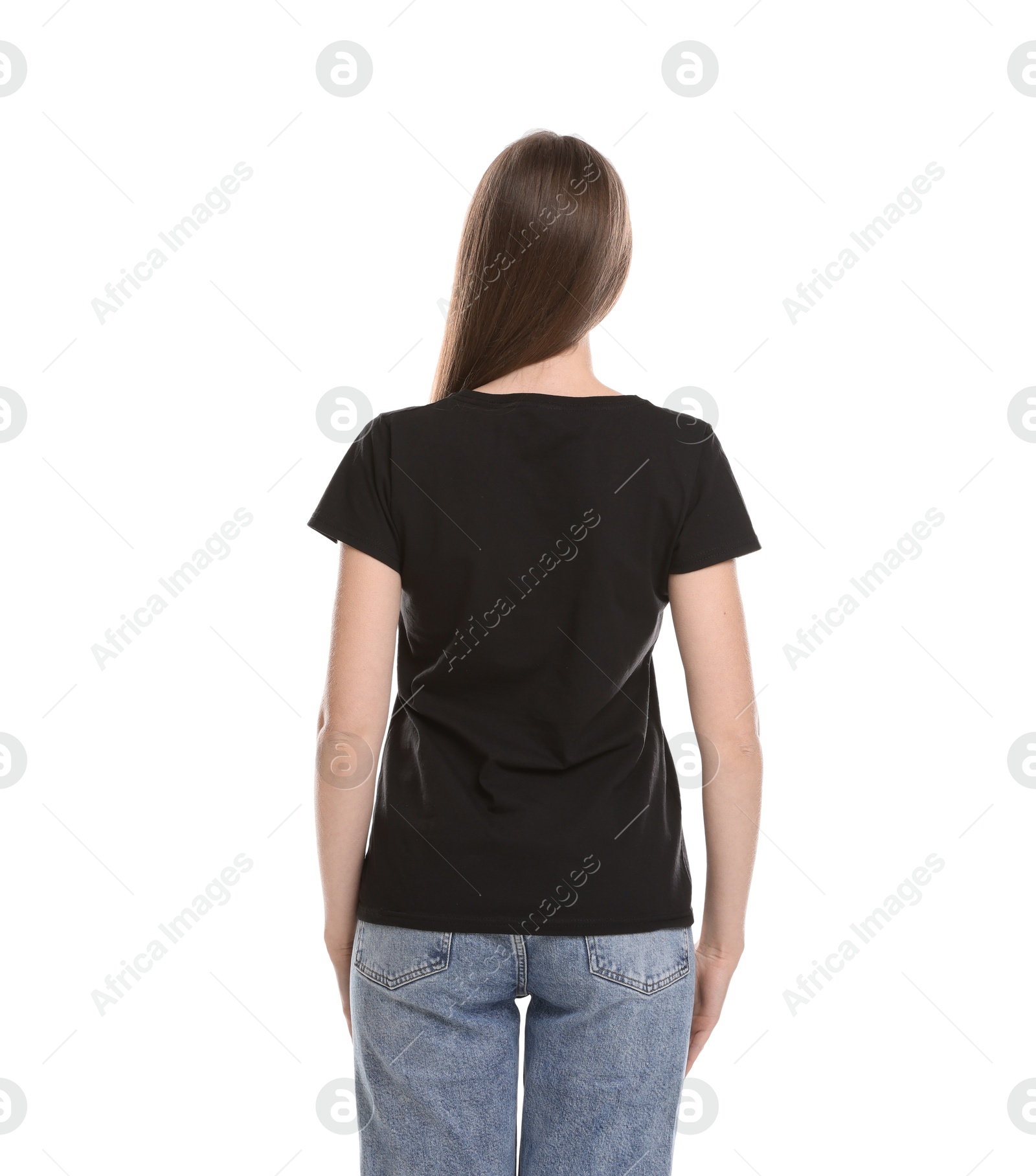 Photo of Woman wearing blank black t-shirt on white background, back view. Mockup for design